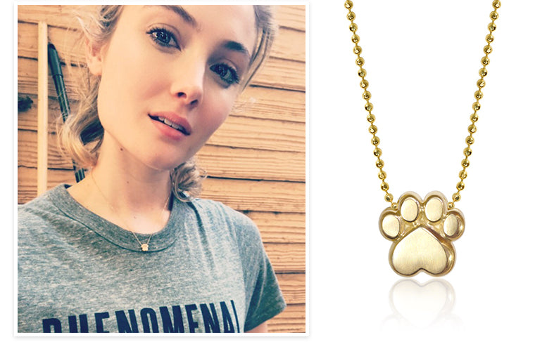 Skyler Samuels wearing Alex Woo Little Activist Paw in 14K Gold