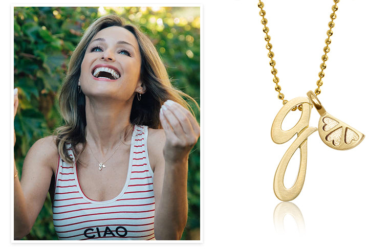 Giada De Laurentiis wearing Alex Woo Little Autograph Letter G with Mini Addition Citrus Slice