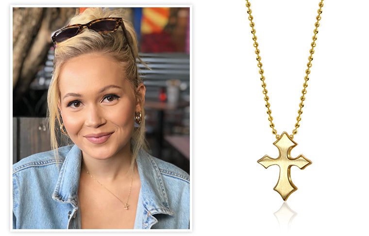 Disney Actress Kelli Berglund rocking Alex Woo Little Rock Star Cross in 14kt Yellow Gold