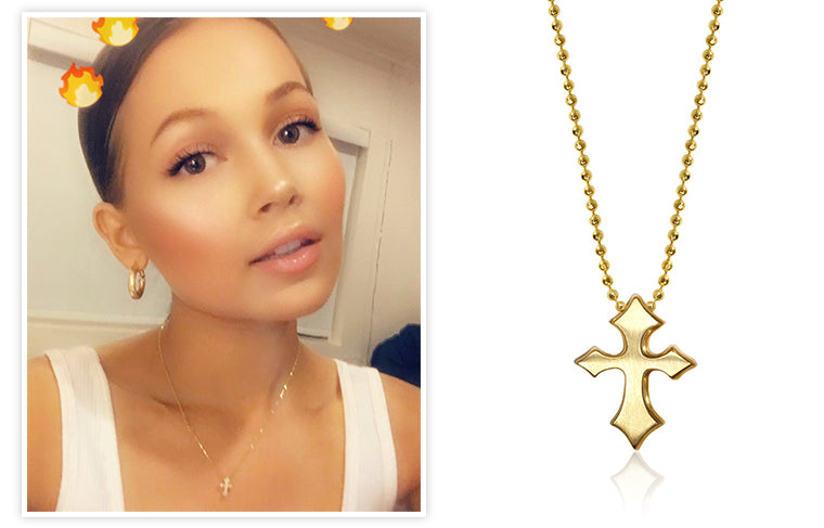 Disney Actress Kelli Berglund rocking Alex Woo Little Rock Star Cross in 14kt Yellow Gold