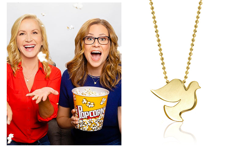 Jenna Fischer wearing Alex Woo Little Faith Peace Dove in 14kt Yellow Gold