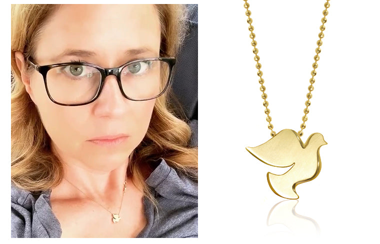 Jenna Fischer wearing Alex Woo Little Faith Peace Dove in 14kt Yellow Gold