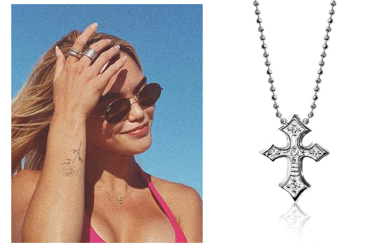 Paris Berelc wearing Alex Woo Rock Star Cross in 14kt White Gold with Diamonds