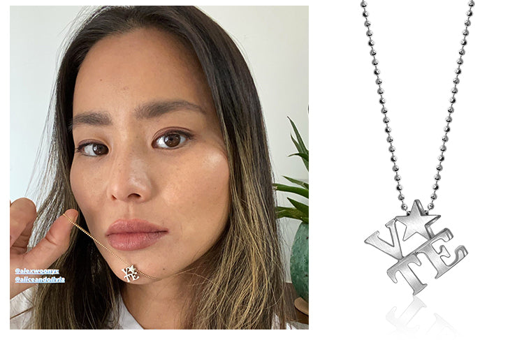 Jamie Chung wearing Alex Woo Little Activist VOTE in Sterling Silver